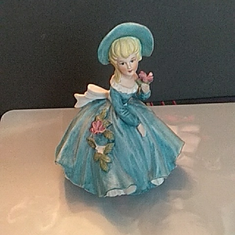 Blonde Girl In Blue With Purple Flowers Vintage -Chip On Hem